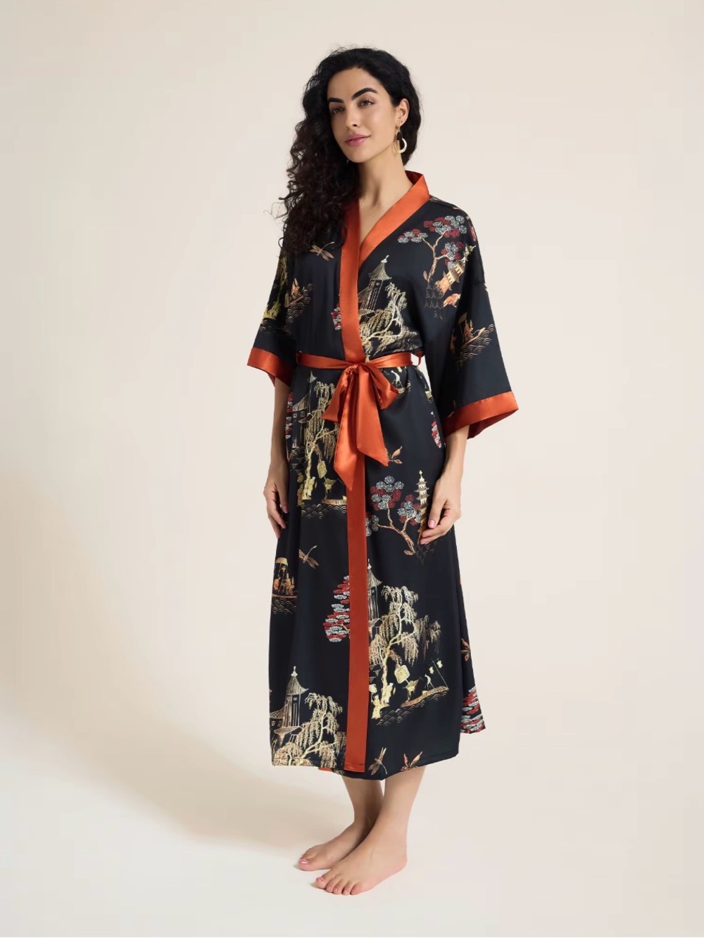 Elegant Black and Orange Women's Kimono Robe